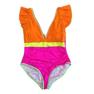 Aidonger Neon Colorblock Ruffle One Piece Swimsuit Pink Orange 2XL NEW